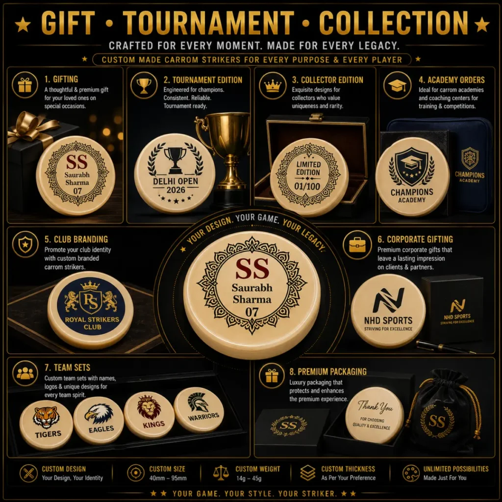 Customized carrom striker collection for gifting, tournaments, clubs, academies and corporate branding