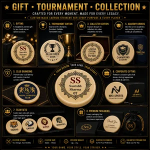 Customized carrom striker collection for gifting, tournaments, clubs, academies and corporate branding