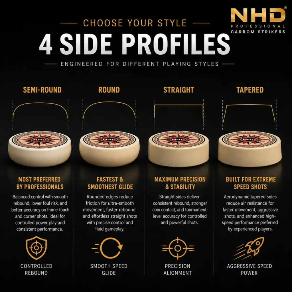NHD professional carrom striker side profiles comparison showing semi-round, round, straight, and tapered edge designs for different playing styles, speed, control, precision, and rebound performance.