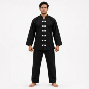NHD Kihon Kung Fu Uniform front view black martial arts training uniform with traditional frog button closure